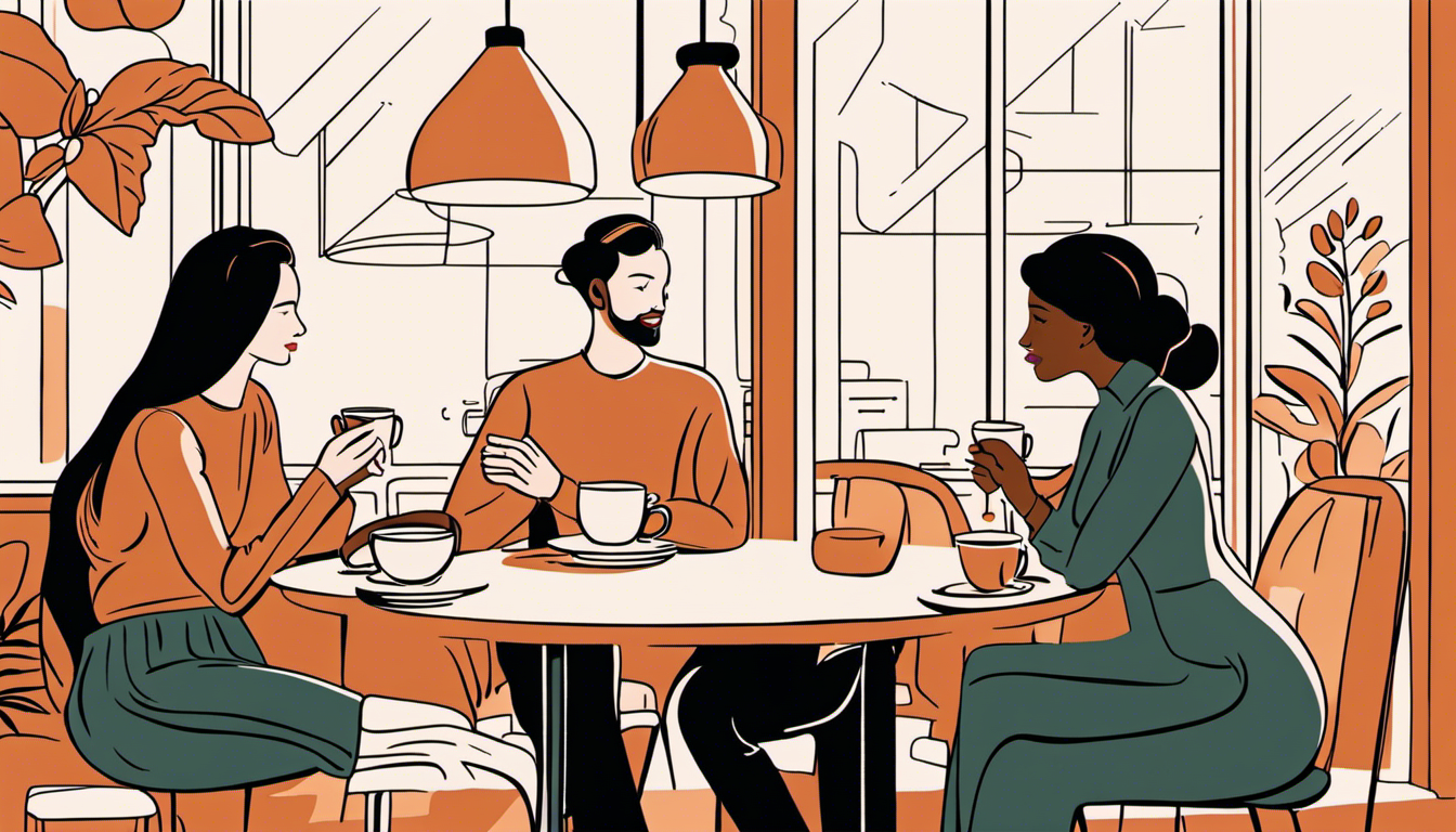 An image capturing the essence of human connection, featuring two individuals engaged in a meaningful conversation while sipping coffee in a cozy café, surrounded by warm colors and a welcoming atmosphere