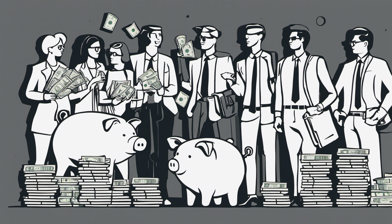 An image showcasing a diverse group of individuals confidently holding piggy banks, surrounded by stacks of money, investment charts, and passport stamps, symbolizing financial independence and empowerment