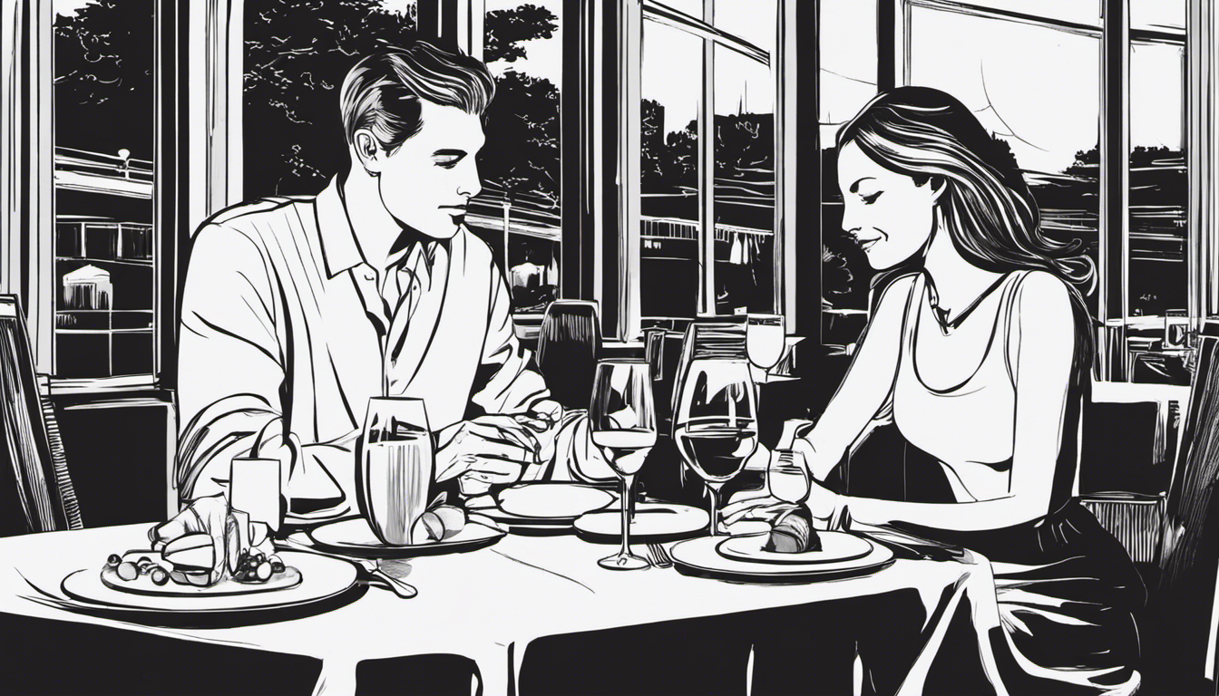 An image showcasing two individuals enjoying a candlelit dinner at a cozy restaurant, their body language suggesting a mix of playful intimacy and casual companionship, capturing the delicate balance between romance and non-commitment