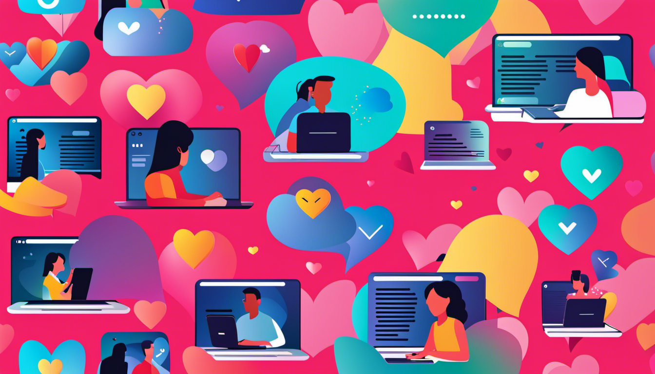 An image that features a vibrant digital landscape, showing two people sitting in front of their laptops, engaged in animated conversation through video chat