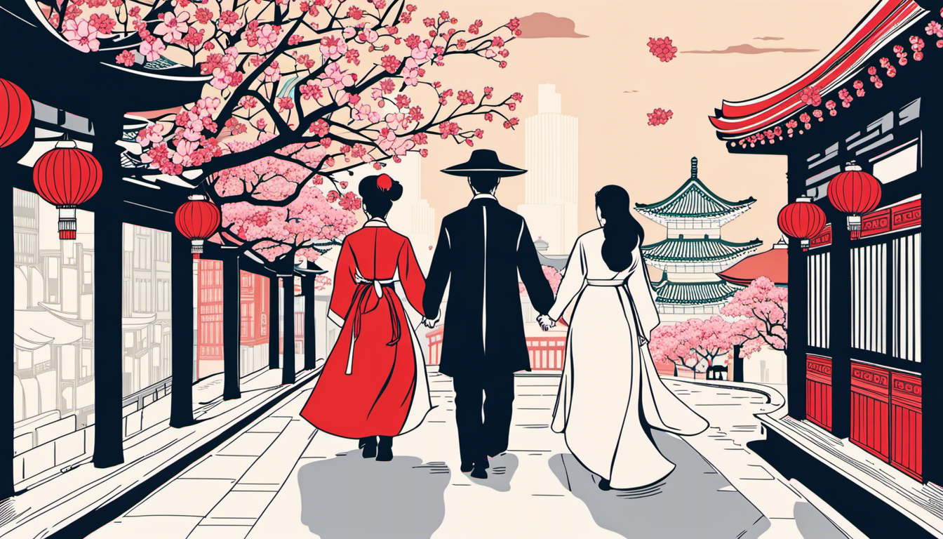 the essence of a blossoming romance with a Korean partner by showcasing a couple strolling hand-in-hand through vibrant, bustling streets of Seoul, surrounded by traditional Hanbok-clad locals and ornate temples