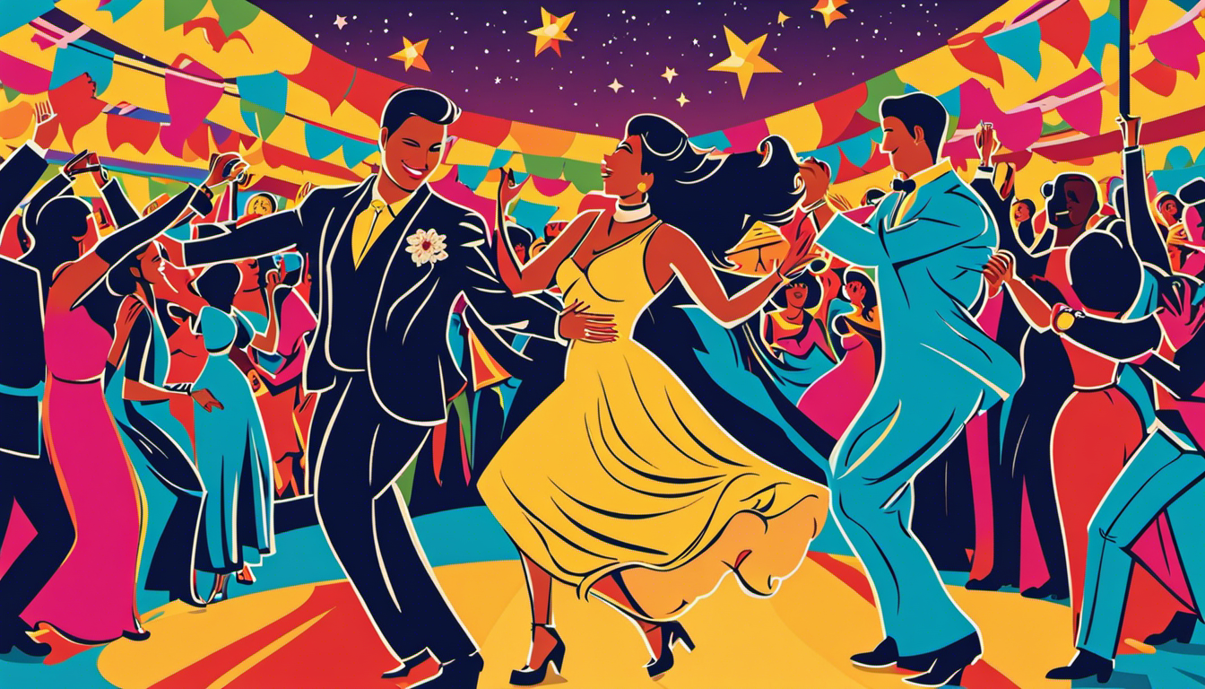 An image capturing the vibrant essence of a Latin relationship: a couple dancing salsa under a starlit sky, surrounded by colorful papel picado, with the joyful laughter of their families in the background