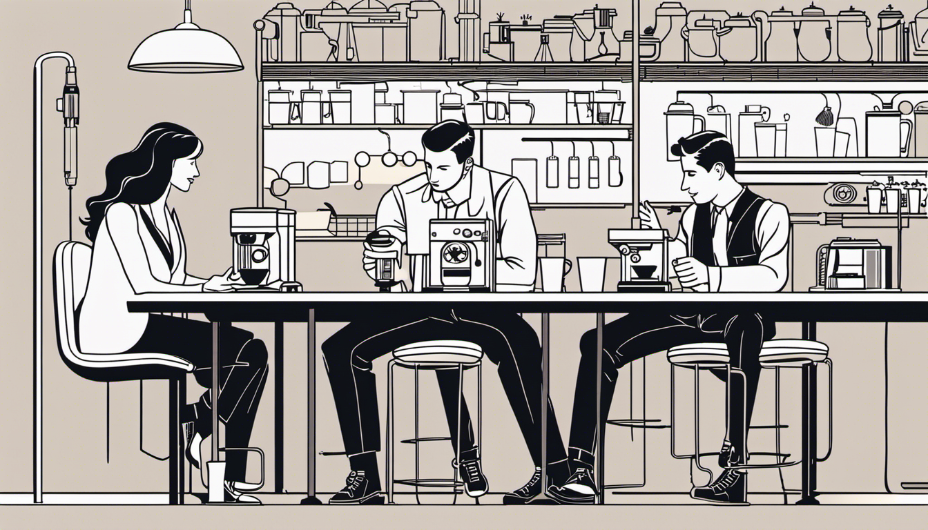 An image depicting a couple sitting at a coffee shop, with the engineer subtly analyzing the coffee machine's inner workings while their partner patiently smiles, capturing the distinct blend of curiosity and practicality in an engineer's dating life