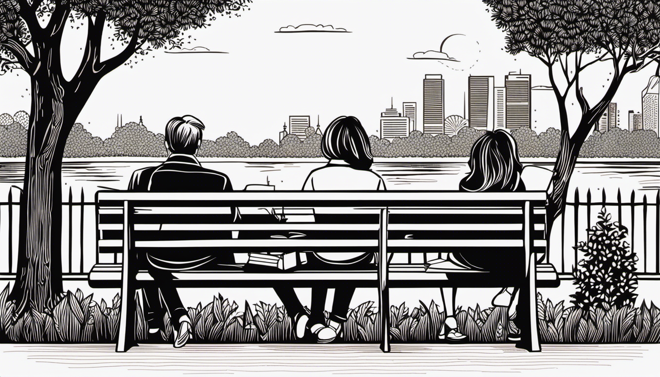 An image capturing a couple sitting side by side on a park bench, engrossed in separate books