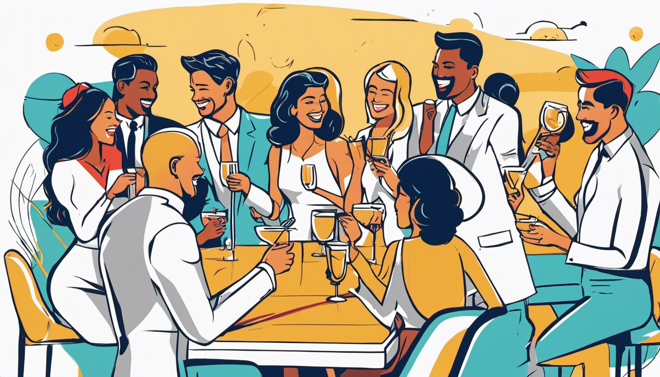 An image showing a vibrant cocktail party scene with diverse individuals engaged in lively conversations, exchanging smiles, and gesturing animatedly, capturing the essence of speed dating on Bumble