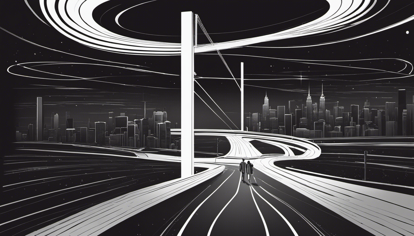 A black and white illustration of a futuristic city, representing the end of a situation.